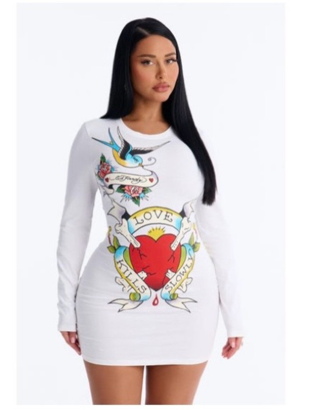 Ed Hardy White Long-Sleeve Tattoo Graphic Bodycon Dress